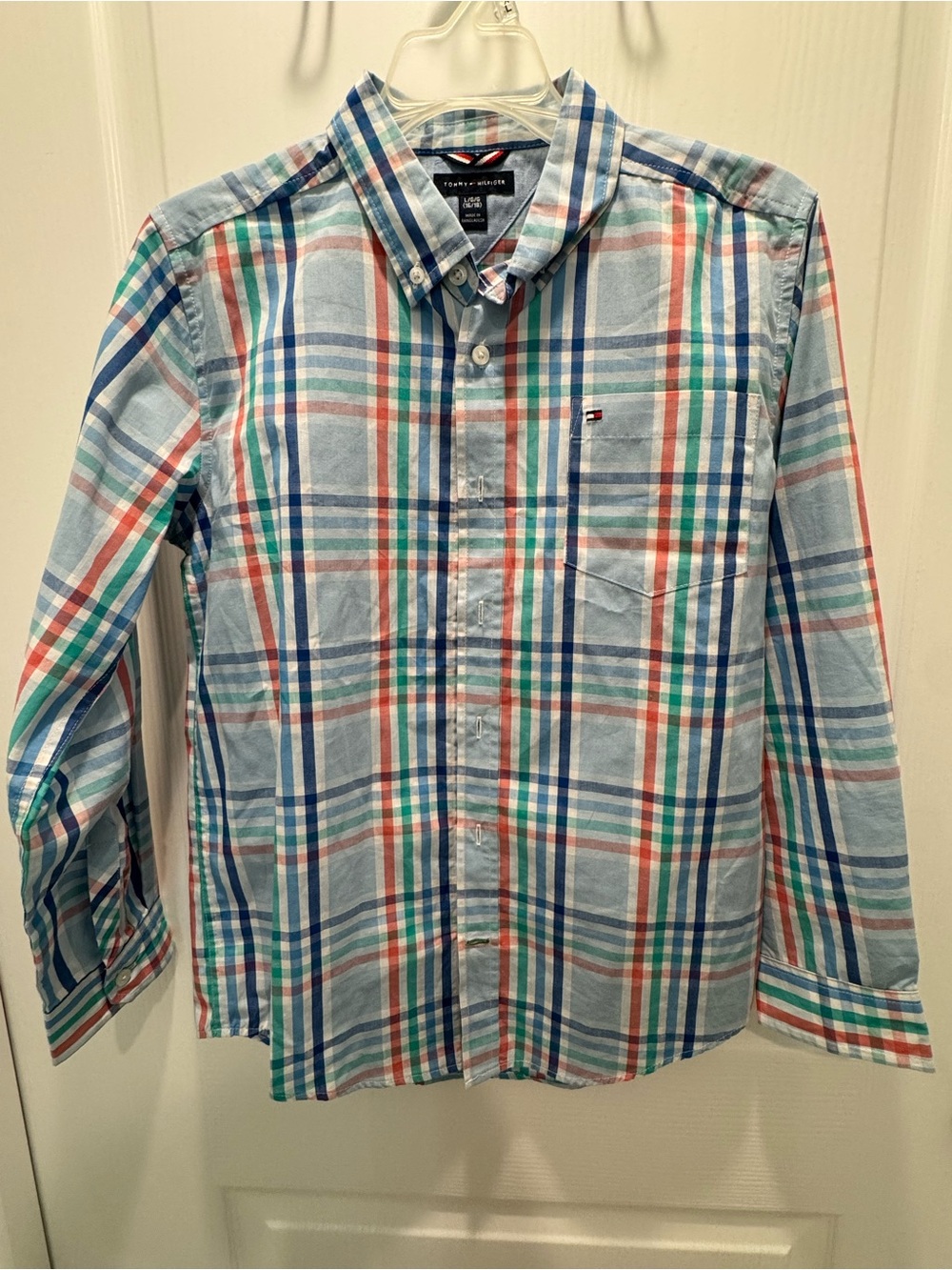 Tommy Hilfiger Boys L 16/18 Plaid Button Down Shirt Blue Green Coral Cotton
